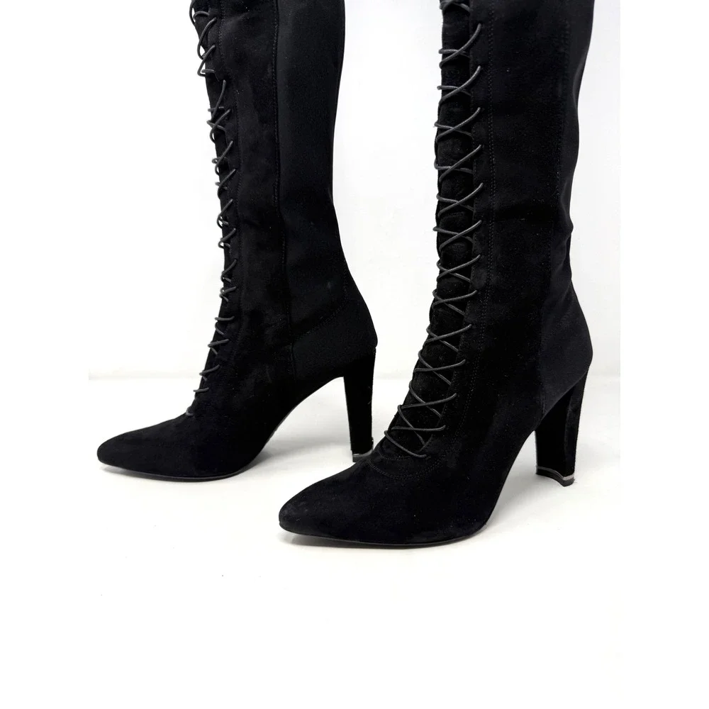 Stuart Weitzman Black Suede Lace Up Knee High Block Heel Boots 8M 51359